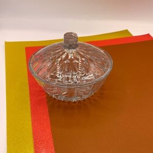 Vintage Pressed Design Candy Dish With Lid. Clear Glass.